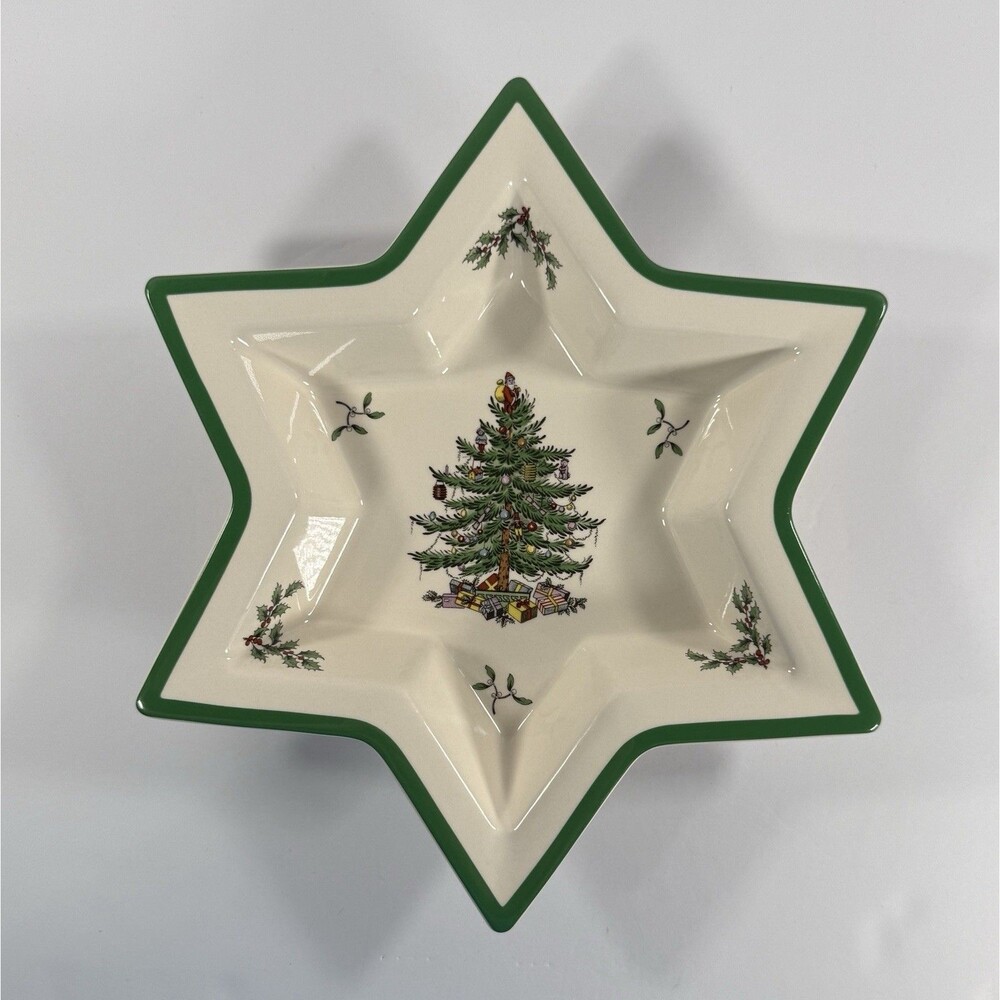 Spode Christmas Tree Ceramic Star Shaped Dish | England | 12 Inch Green Trim